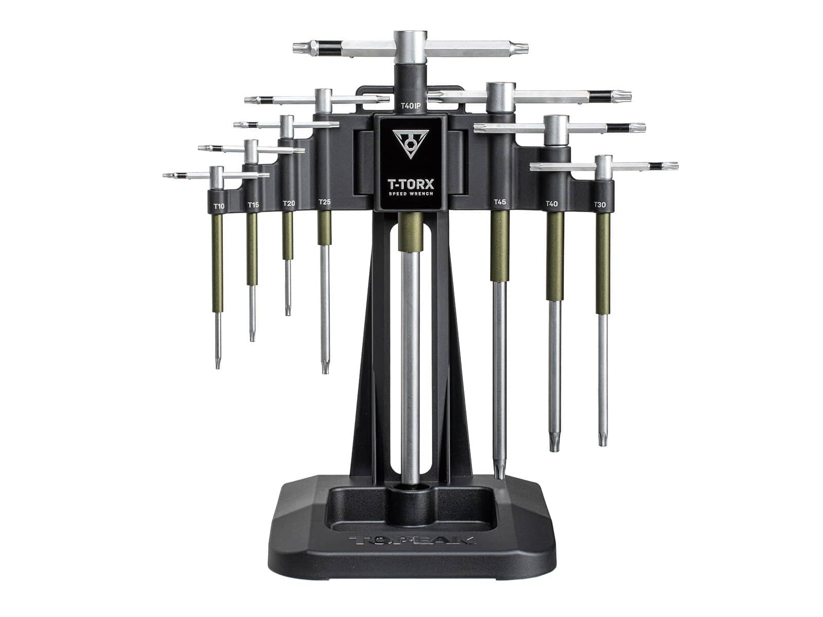 Topeak T-Torx Speed Wrench Set with sliding T-handle and tool holder, black, for workshop use.