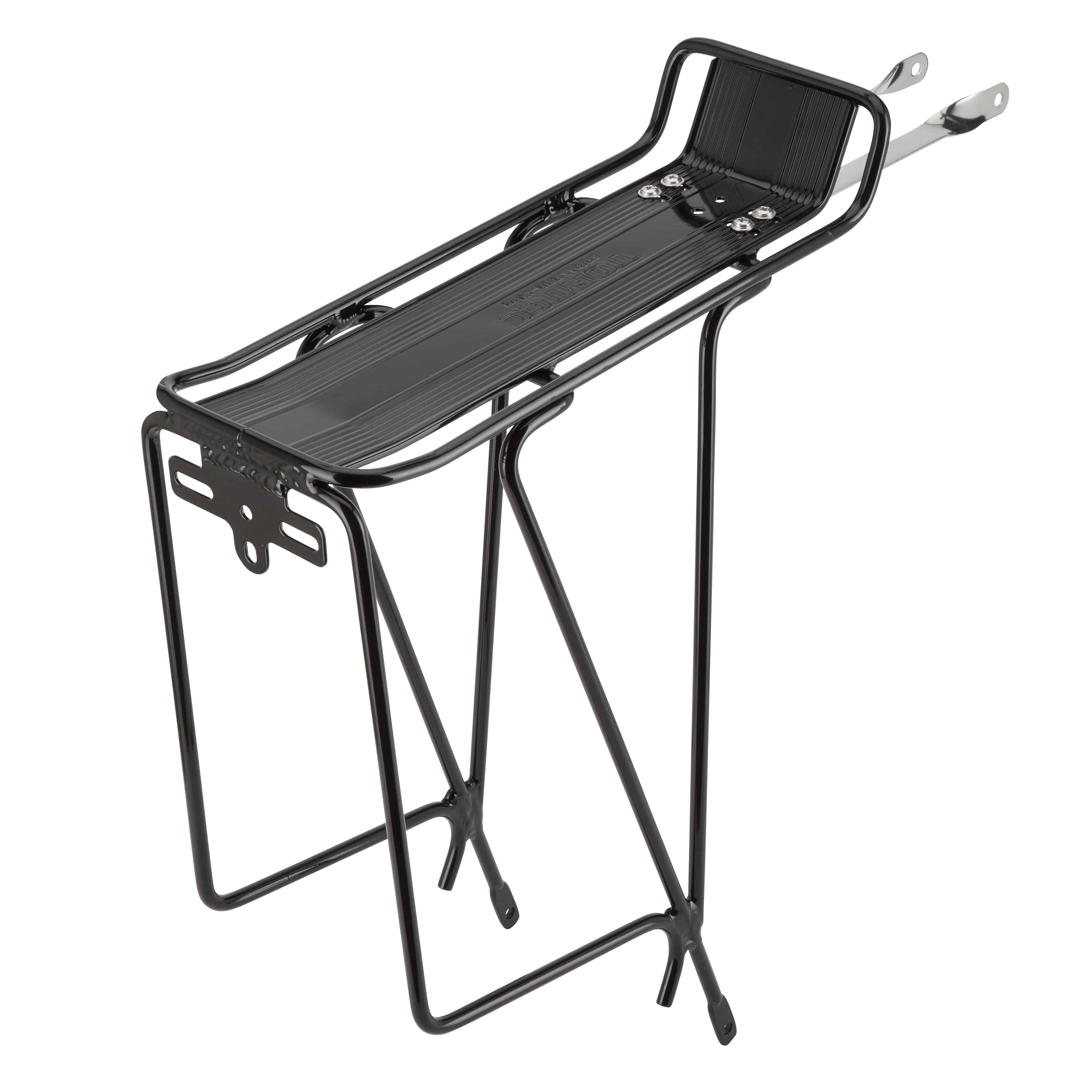 Tortec Tour rear bike rack with offset stay, mudguard, and reflector plate attached, designed for bicycle accessories.