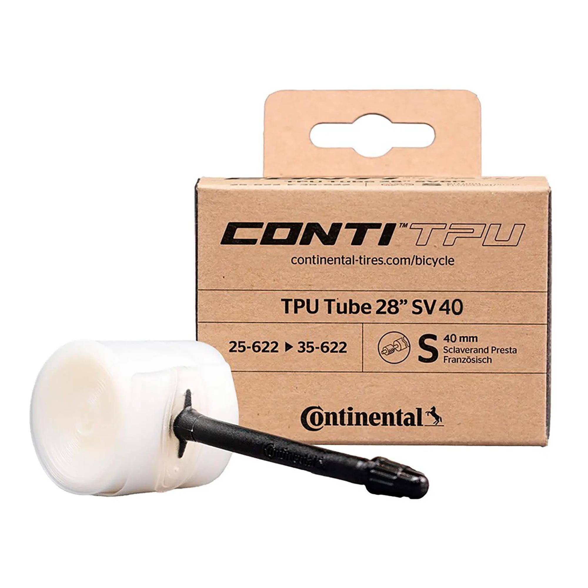 Clear Continental TPU Presta valve inner tube for 700x25-35 road and MTB bikes, 80mm valve length.