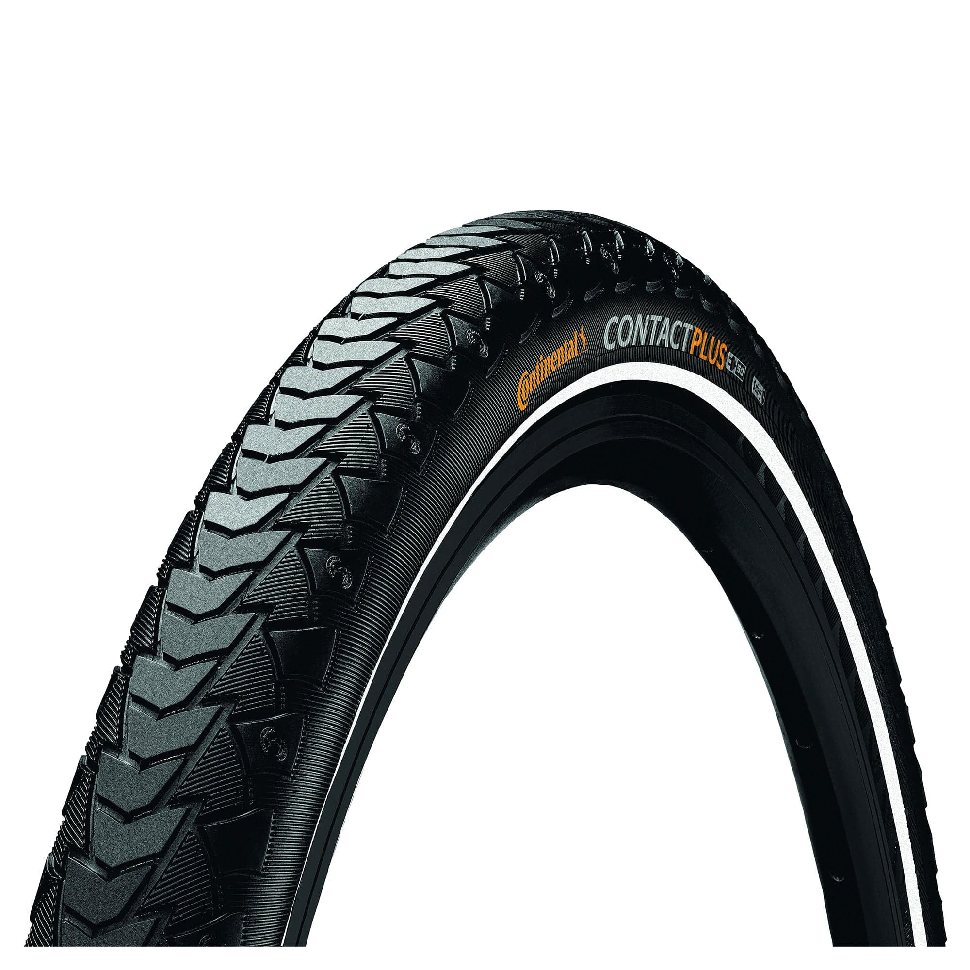 Continental Contact Plus Reflex bike tyre showing puncture protection and reflective sidewalls for enhanced visibility and safety.