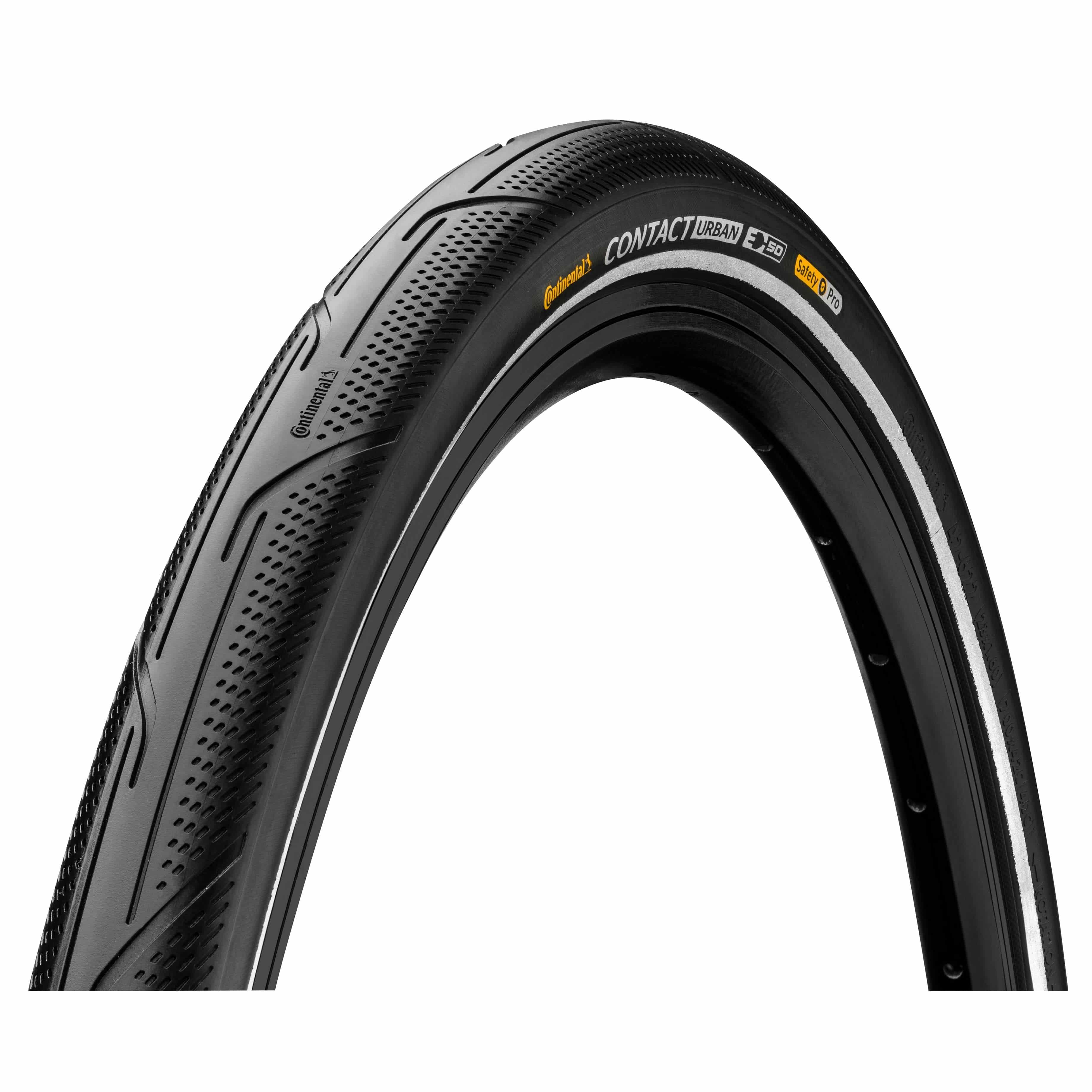 Continental Contact Urban Reflex E-bike tire with puncture protection and reflective sidewall, showcasing tread and sidewall details.