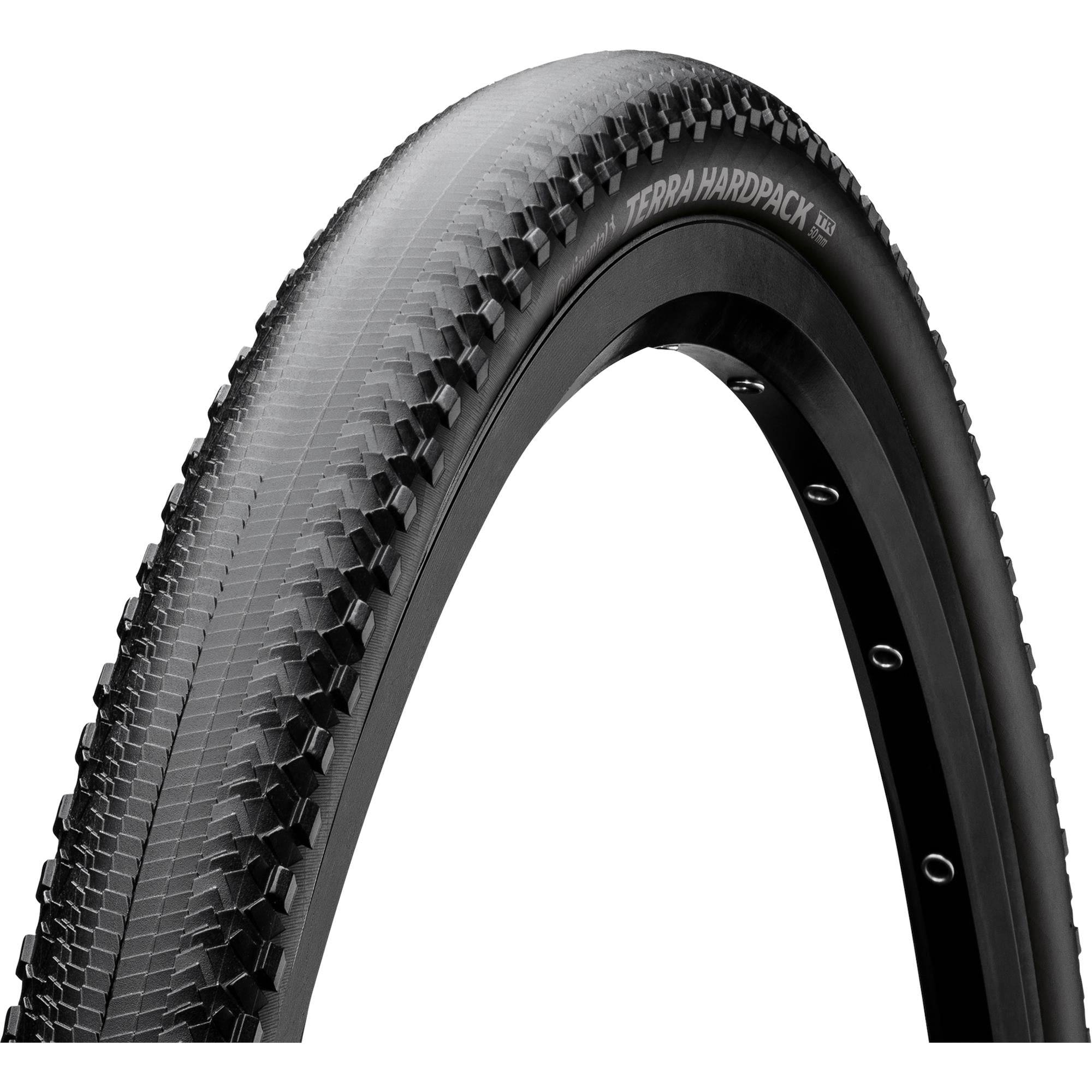 Black Continental Terra Hardpack ShieldWall foldable 700x50C gravel bike tire, tubeless-ready, suitable for rugged off-road cycling.