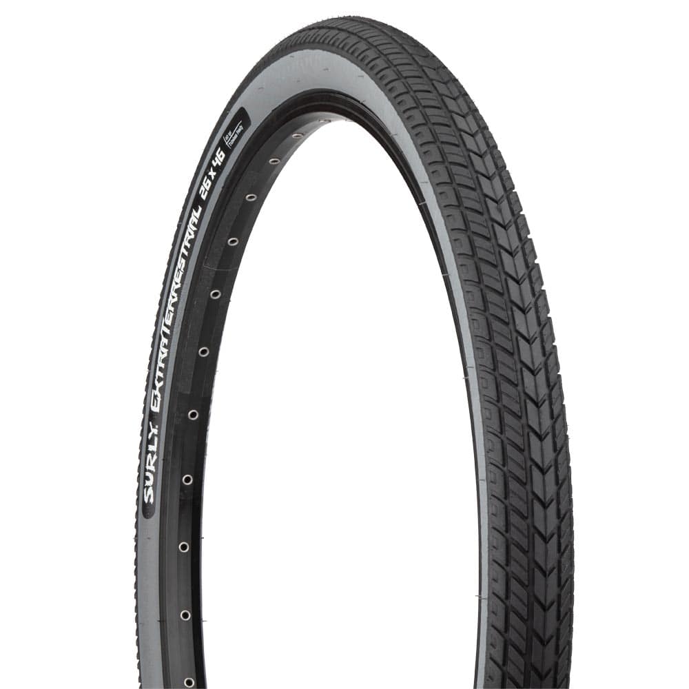 Surly ExtraTerrestrial 26-inch tubeless-ready off-road touring mountain bike tyre with knobby tread for rough terrain.
