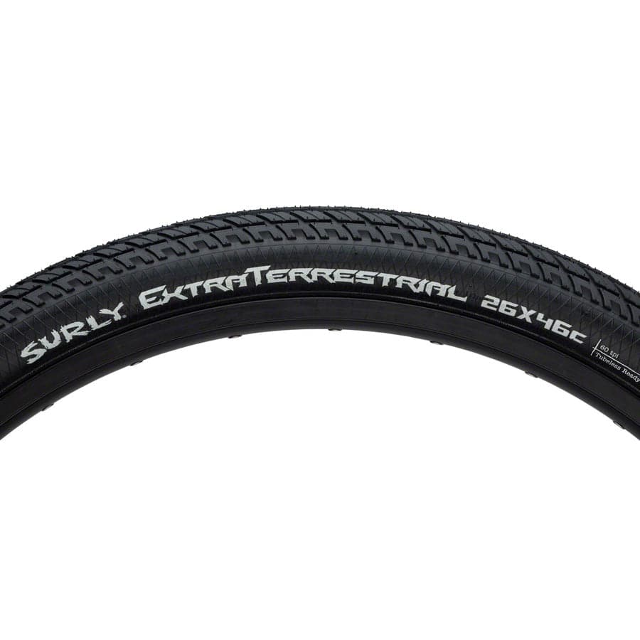 Surly ExtraTerrestrial 26-inch tubeless-ready mountain bike tire with rugged tread for hardpack and touring terrain.
