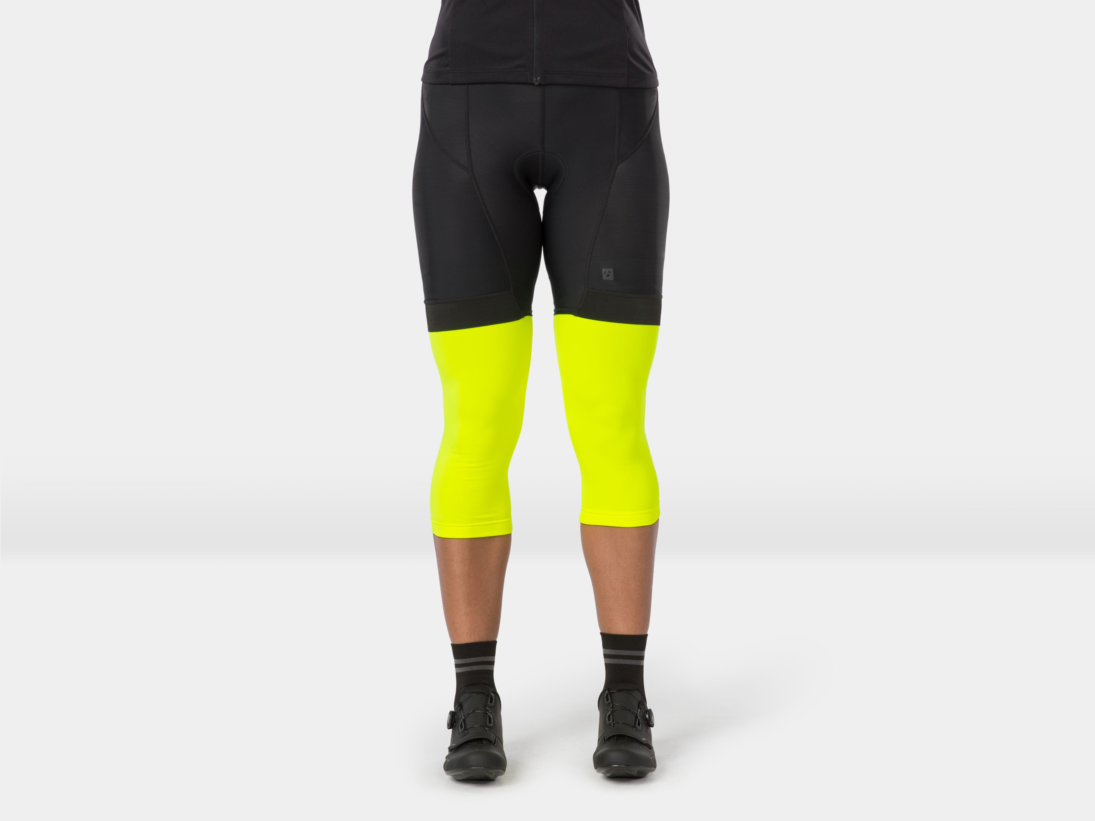 Bontrager thermal cycling knee warmers in black, showing breathable, moisture-wicking fabric for cold weather rides.