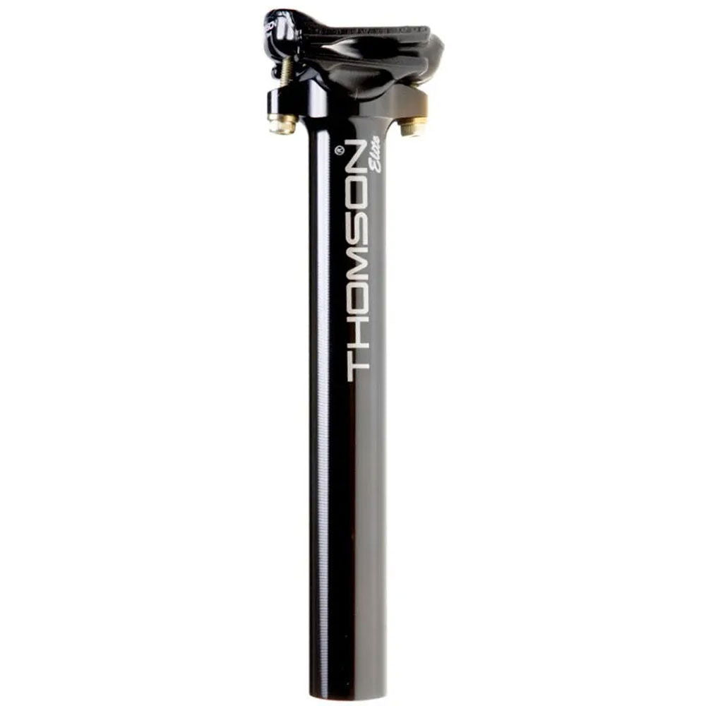 Thomson Elite inline bike seatpost in black, high-strength durable aluminum, shown installed on a racing bike component.