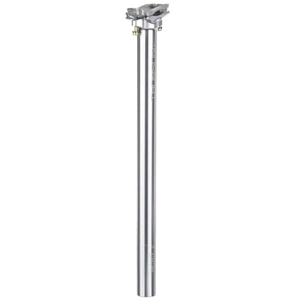 Thomson Elite inline seatpost in silver for road and mountain bikes, showing its durable, high-strength construction.