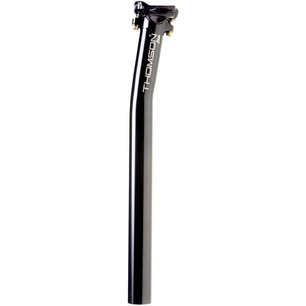 Thomson Elite setback bike seatpost in black, high-strength component for road and MTB bikes, shown installed on a bicycle.