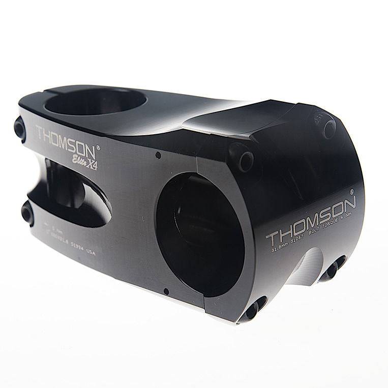 Black Thomson Elite Stem X4 for MTB with 31.8mm handlebar clamp and stiff fork, made of durable aluminum.