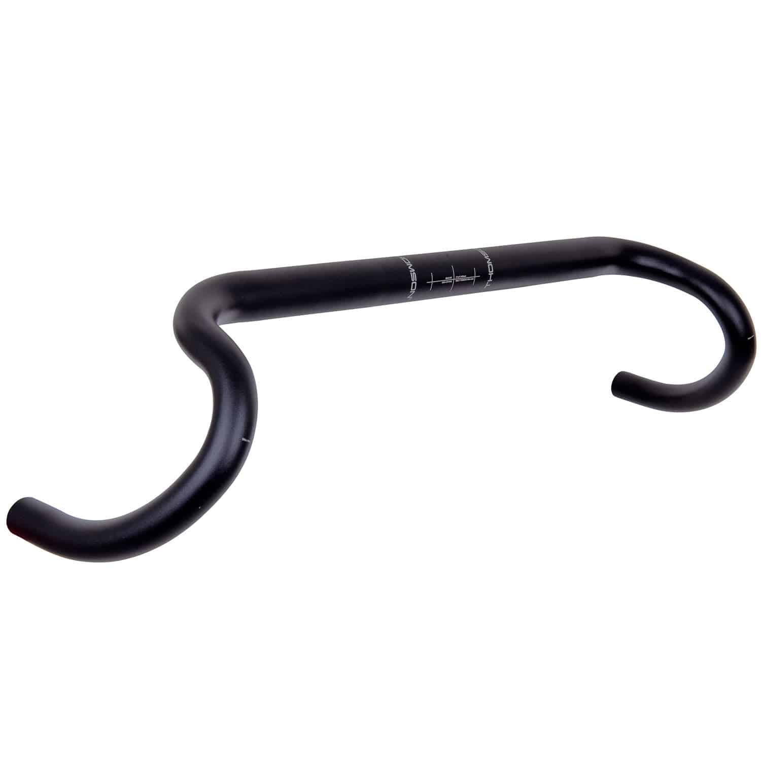 Black Thomson alloy dirt drop handlebar with 25° flare for road bikes, measuring 44-46cm, showing the curved ergonomic design.