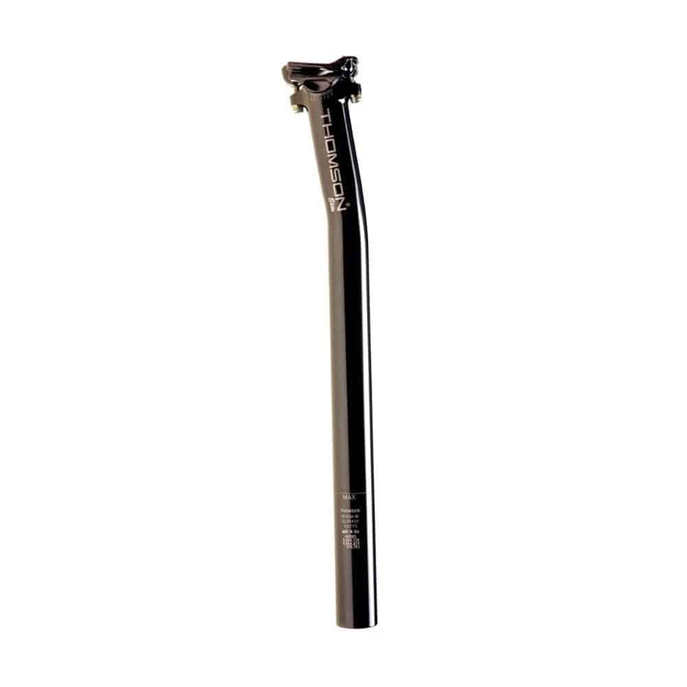 Thomson Masterpiece setback MTB seatpost in black with infinite tilt adjustment, showing the sleek design and setback feature.