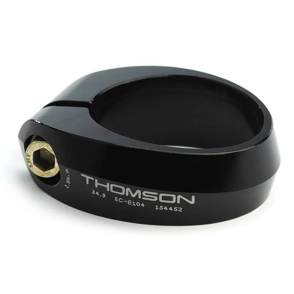 Black Thomson seatpost collar replacement bolt, washer, and barrel nut components on a white background.
