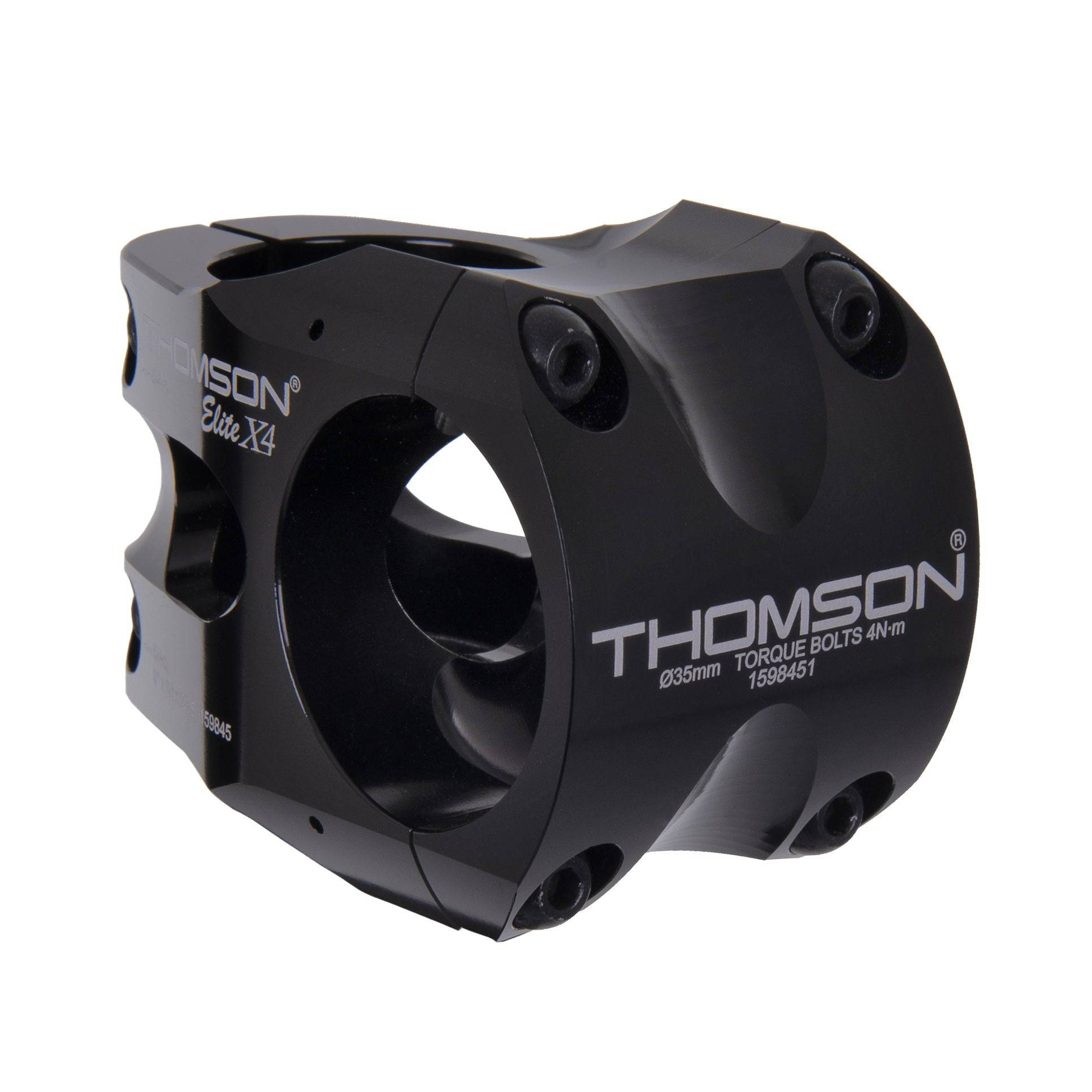 Black Thomson Elite X4 35mm mountain bike stem with sleek design for improved steering control, shown on a bike component.
