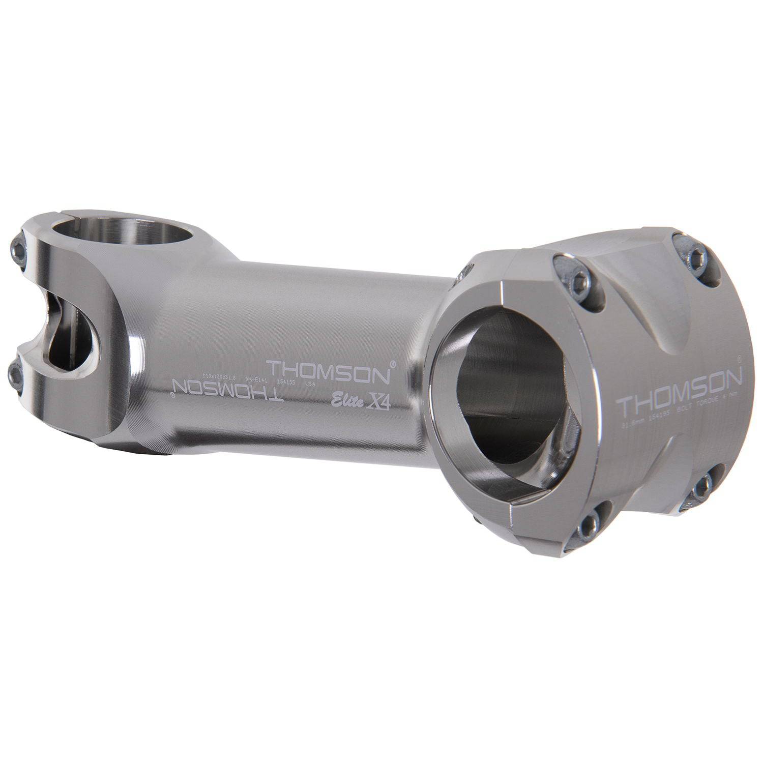 Thomson Elite X4 Silver MTB handlebar stem for mountain bikes, 31.8mm diameter, durable aluminum component design