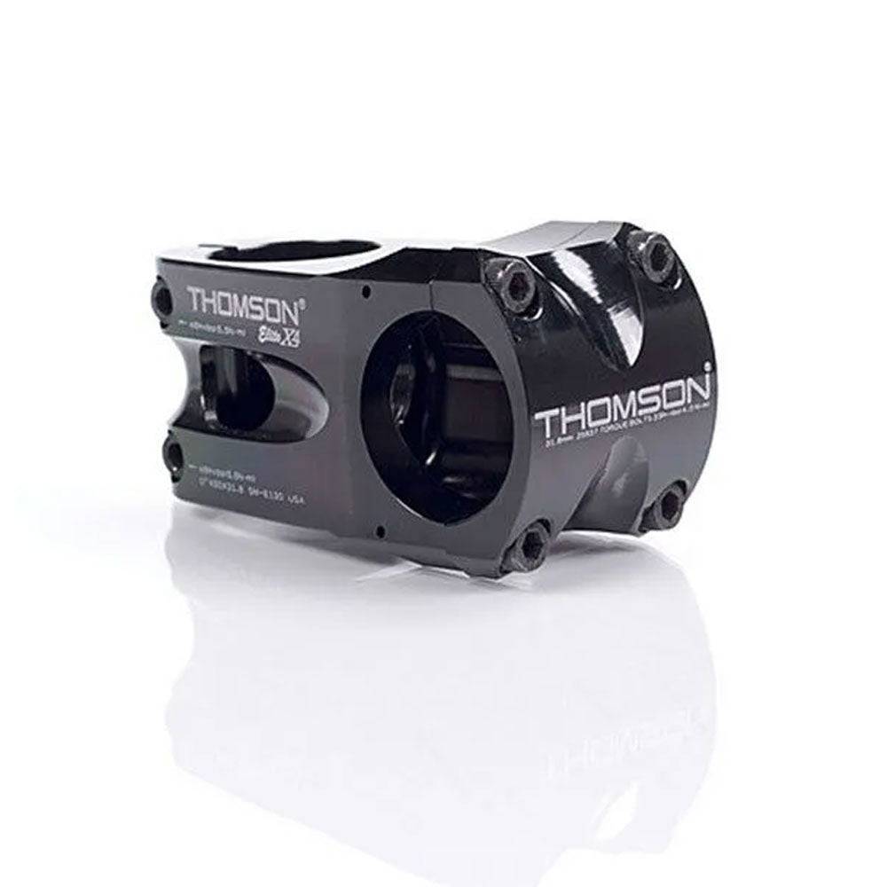 Thomson Elite X4 MTB stem 1.5 x 4 black for 31.8mm handlebars, showcasing the sturdy component with a 0° angle.