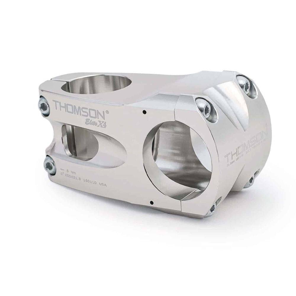 Thomson Elite Stem X4 in silver for MTB, fits 31.8mm handlebars, designed for stiffer forks and enhanced bike control.