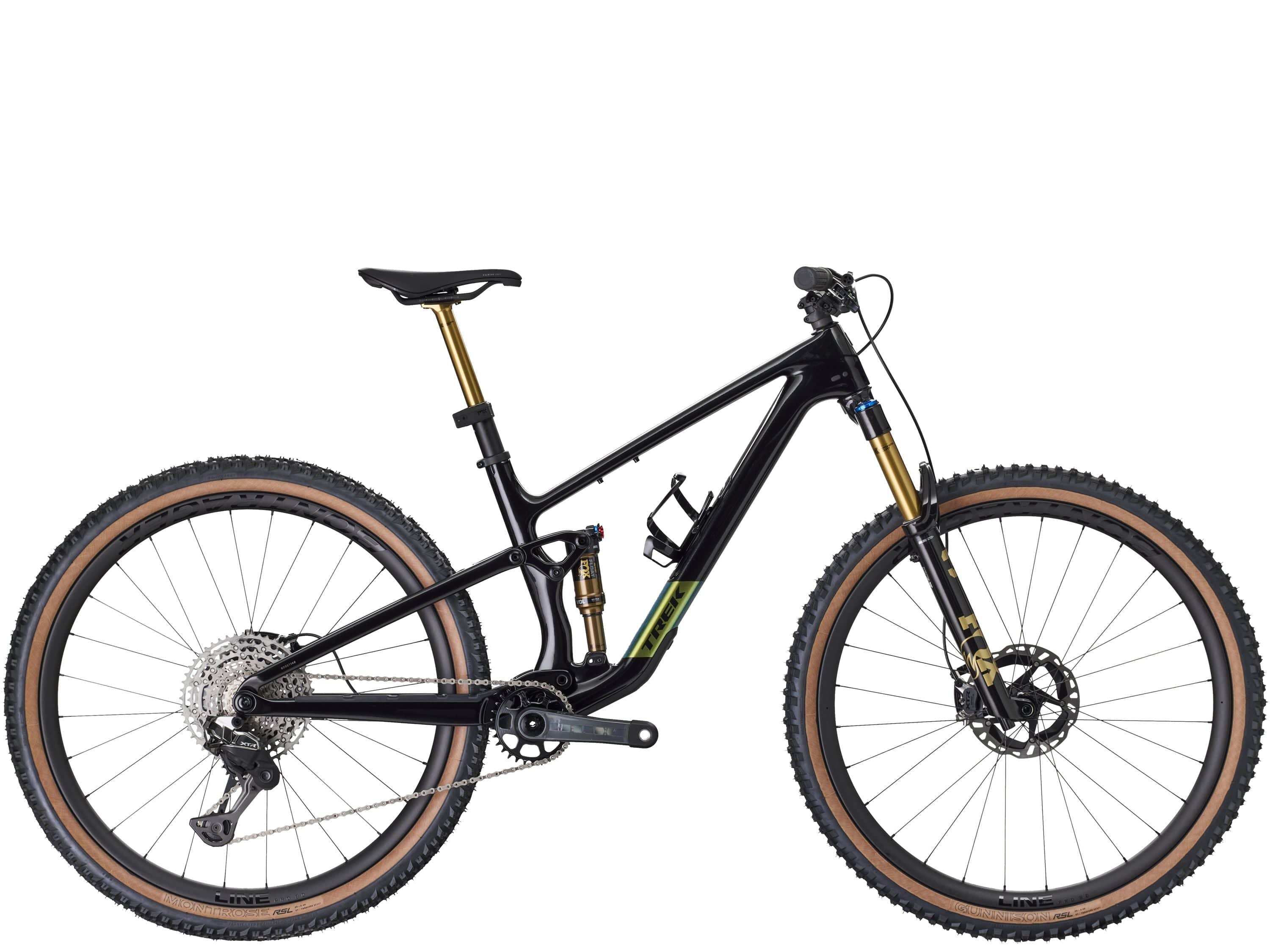 Trek Top Fuel 9.9 XTR Di2 Gen 4 mountain bike with electronic shifting and adjustable suspension, shown in a riding position.