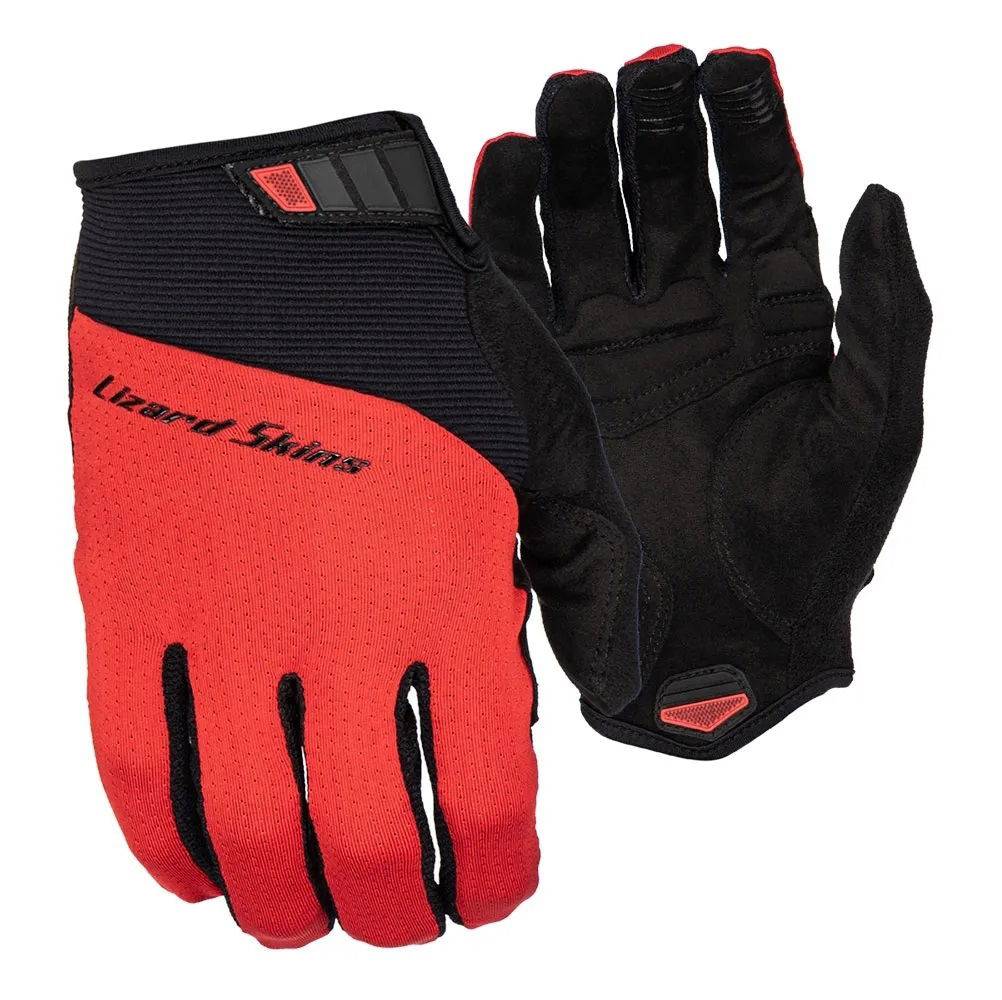Lizard Skins Monitor Traverse gloves in red with AX suede palm and gel padding, designed for grip and comfort during cycling.