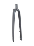Trek 2023 Domane SLR rigid road bike fork for precise steering, black carbon fiber components, mounted on a Trek road bike
