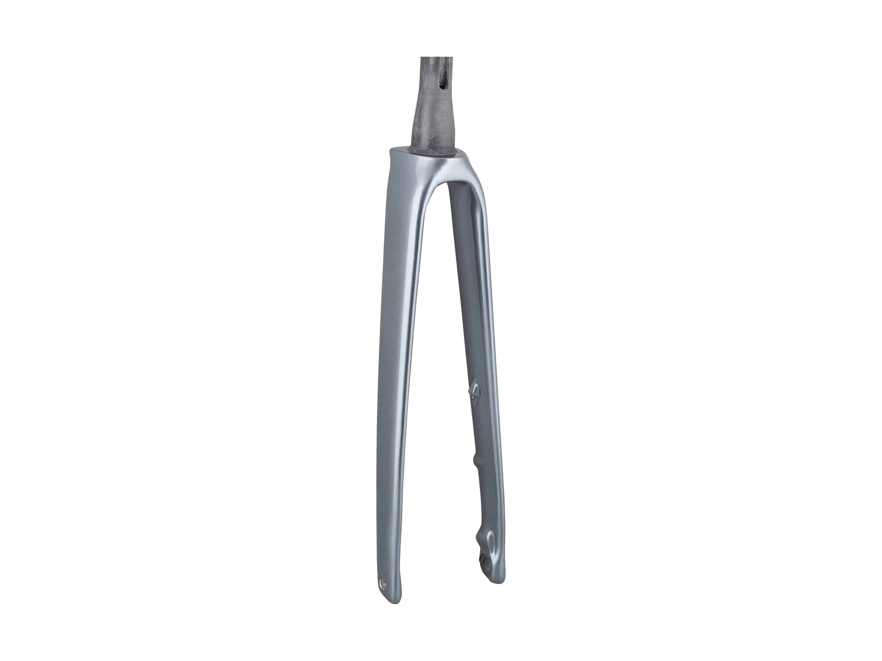 Trek 2023 Emonda SL 7 Carbon Road Bike forks in Galactic Grey Onyx finish, close-up of lightweight bike component.