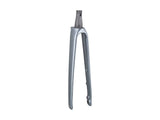 Trek 2023 Emonda SL 7 Carbon Road Bike forks in Galactic Grey Onyx finish, close-up of lightweight bike component.