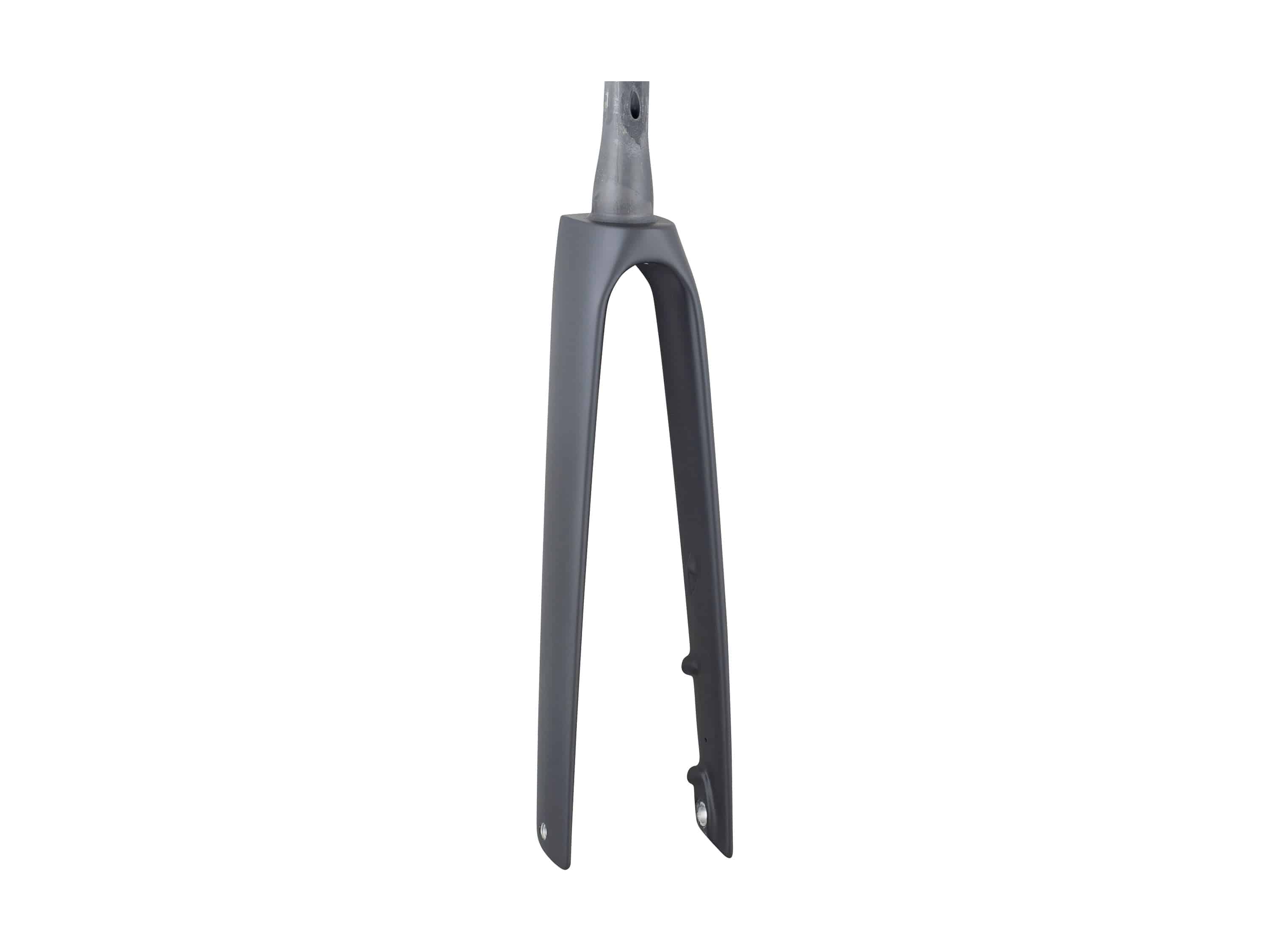 Trek Madone SLR road bike forks, rigid carbon components for precise steering and control, shown in a close-up image.