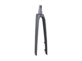 Trek Madone SLR road bike forks, rigid carbon components for precise steering and control, shown in a close-up image.