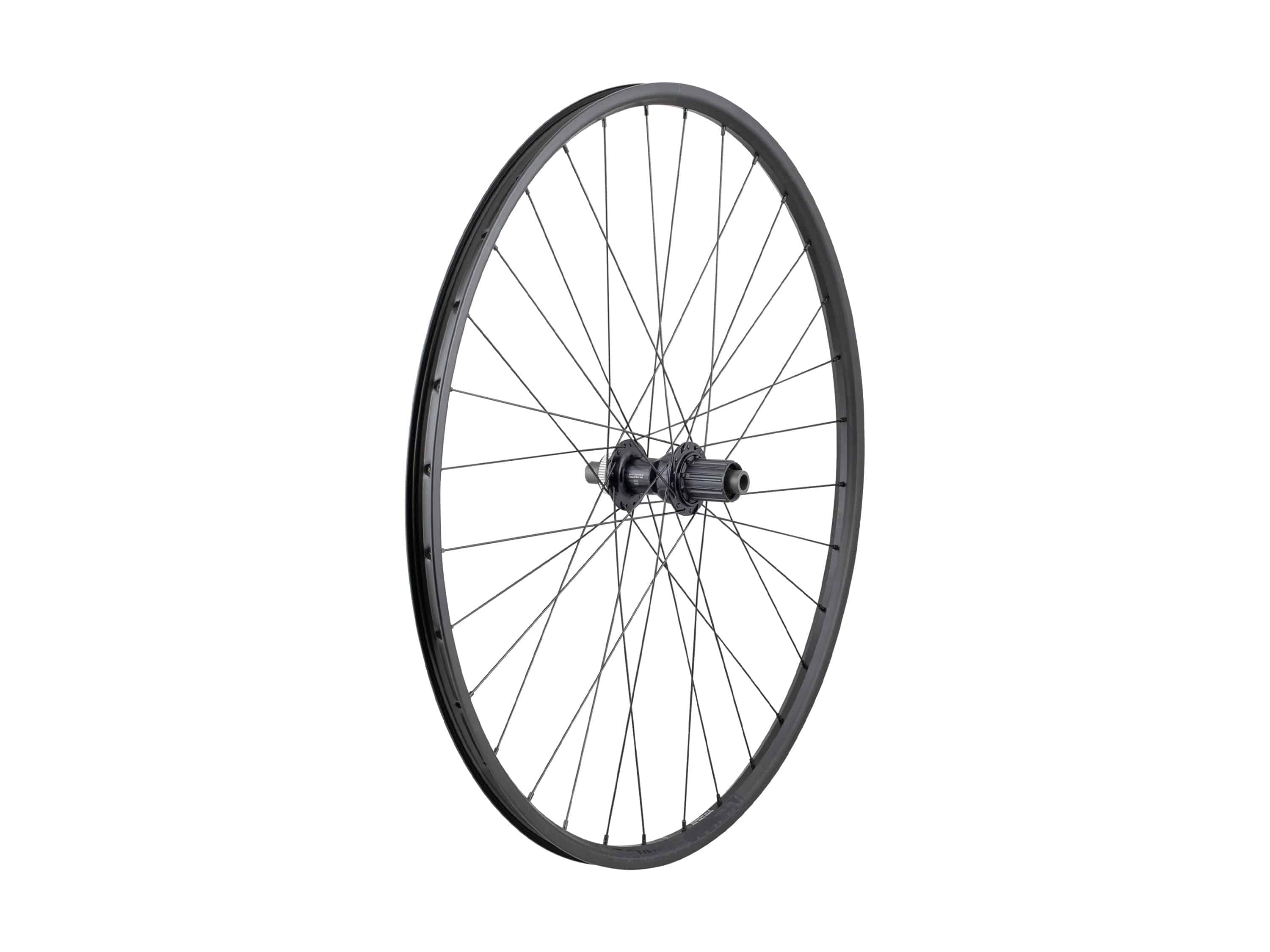 Bontrager Connection Boost Deore 29-inch mountain bike wheel with disc brake rotor and black rim for MTB riding.