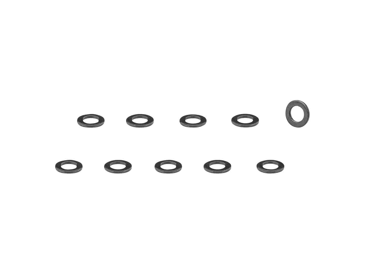 Bontrager flat washers for bike frames, durable spacers shown in a pack of 10, ideal for bike component assembly.