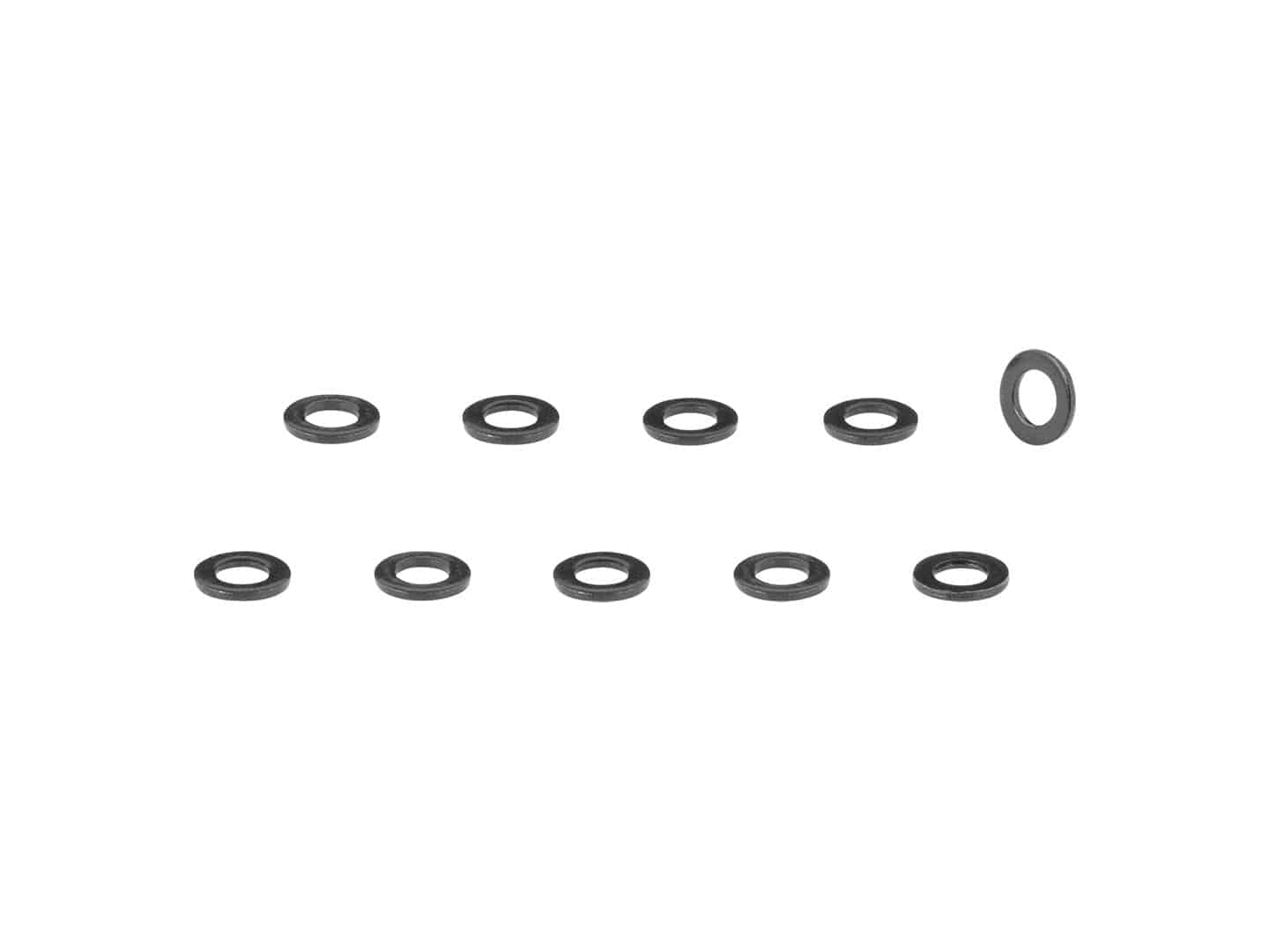 Set of 10 Bontrager bike frame flat washers, durable spacers for bike assembly, shown in a close-up of the components.
