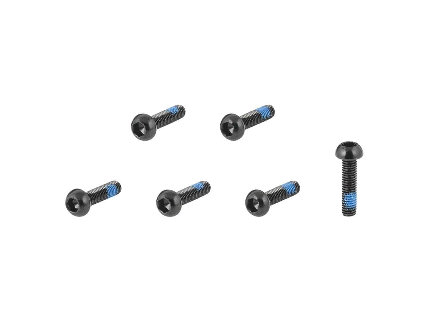 Set of six Bontrager M5x0.8 button head cap screws for bike frame components, featuring durable metal construction.