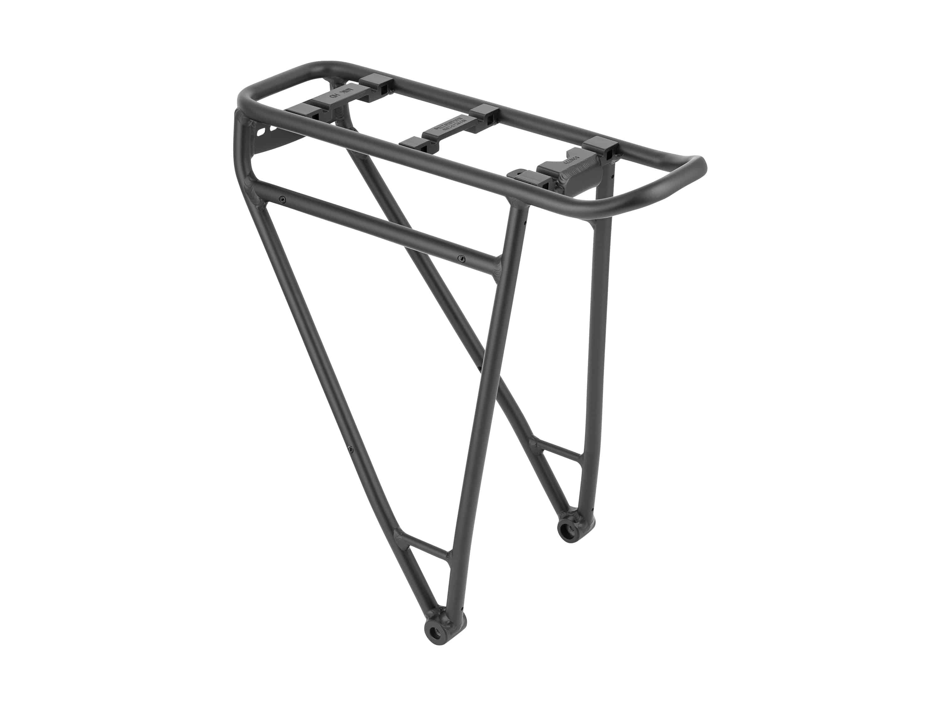 Trek MIK side mount rear bike rack in black for 27.5-inch wheels, mounted on a bicycle, accessory for carrying loads.