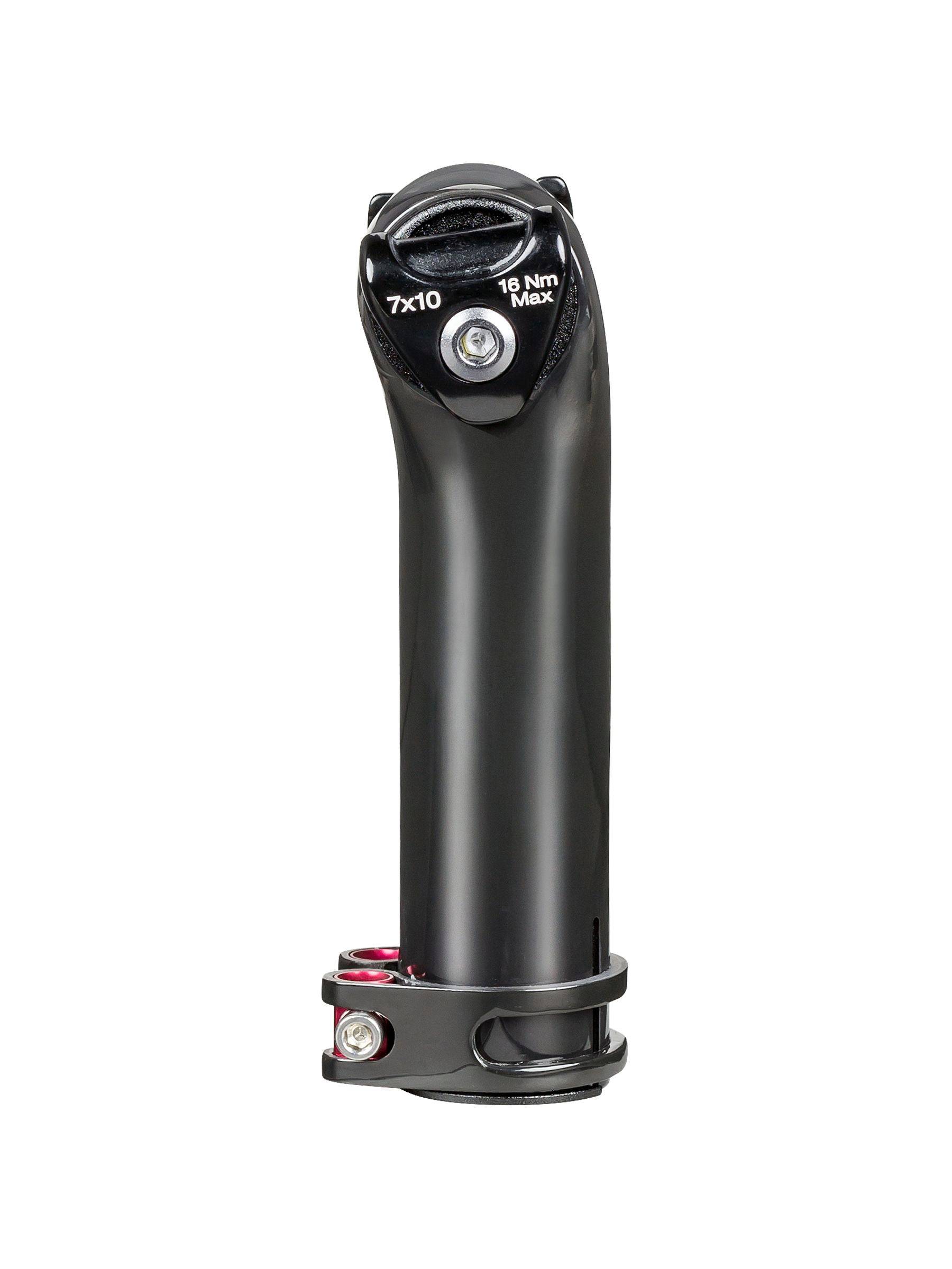 Bontrager round carbon seatpost mast cap with 10mm ears for Trek bikes, showing the sleek black component with branding details.