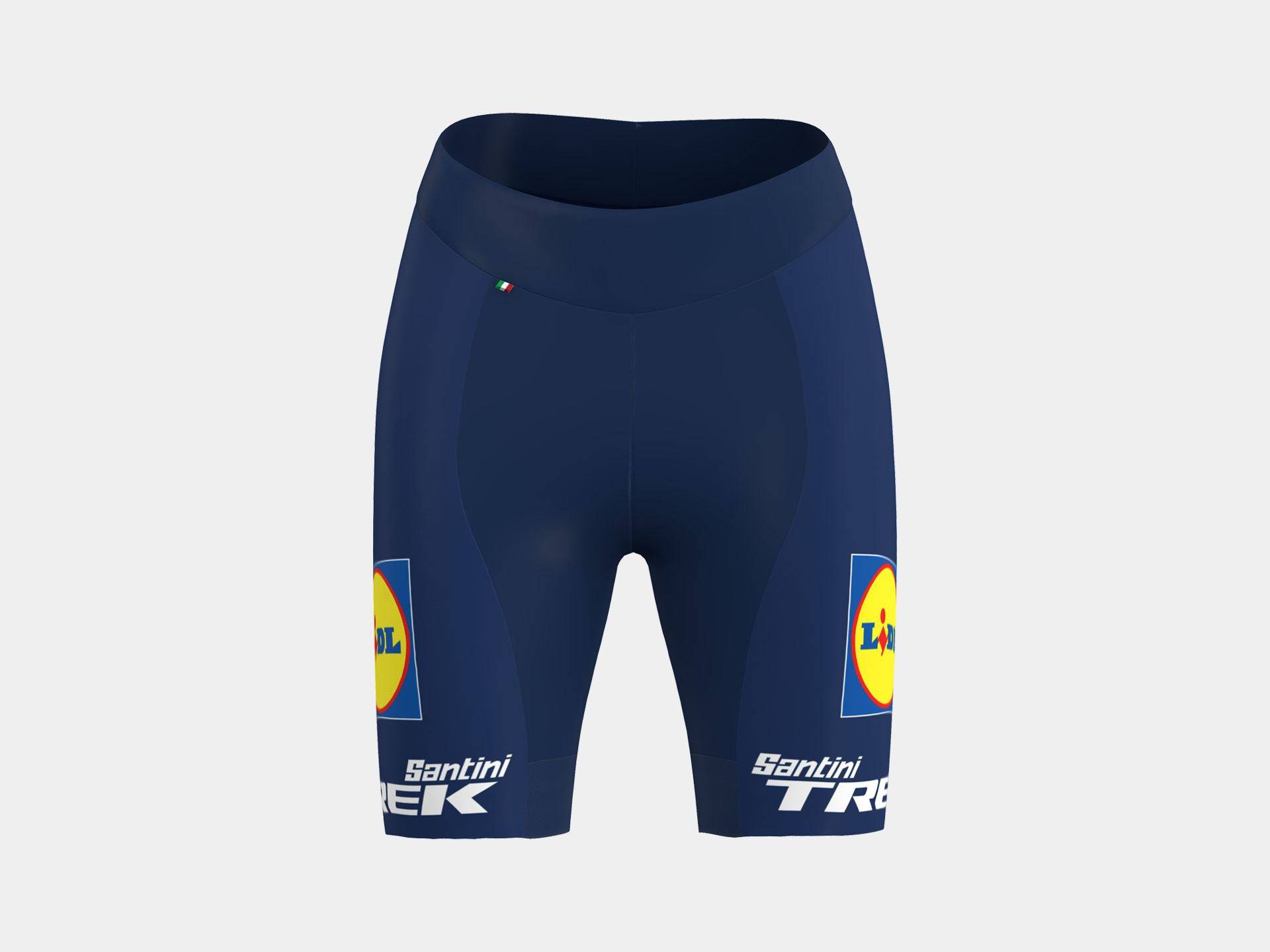Santini Lidl-Trek women's replica race cycling shorts with team design, featuring breathable fabric and fitted athletic style.