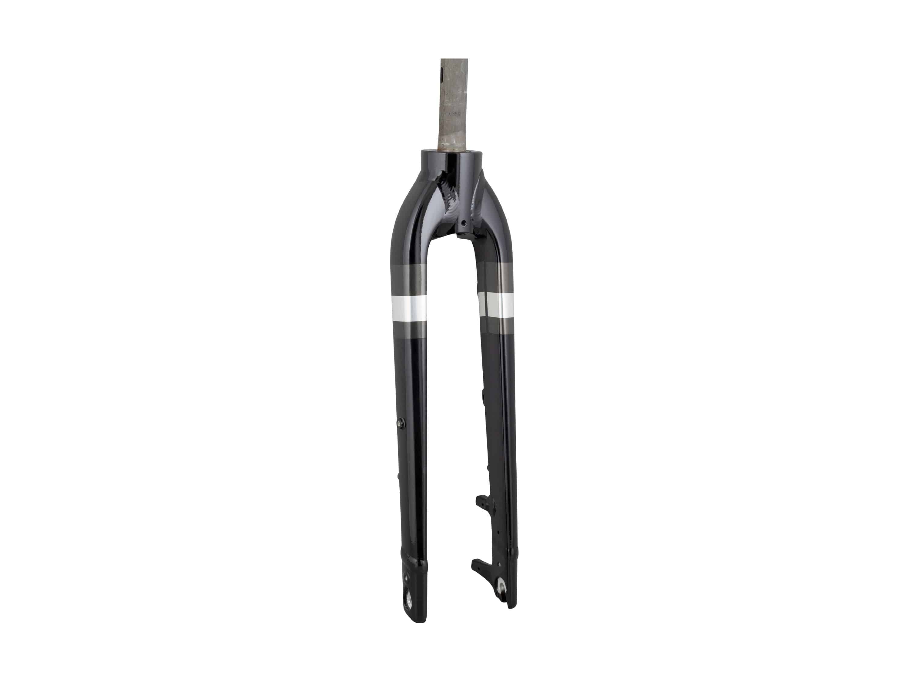 Trek Verve+ CPT rigid forks for road bikes, durable component upgrade, showing a close-up of the bike's front fork and steering system.