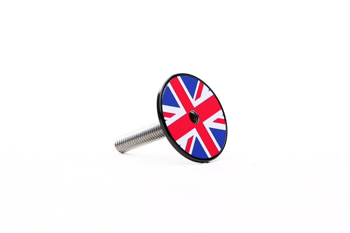 Global Cycling Club Union Jack headcap featuring British flag design, designed as a stylish cycling headset top cap accessory.
