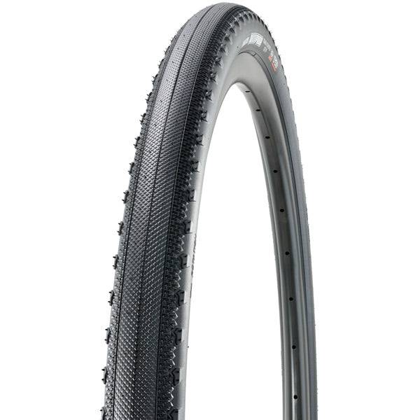 Maxxis Receptor gravel tyre with tubeless-ready design, EXO protection, and dual compound technology, shown mounted on a bike wheel.