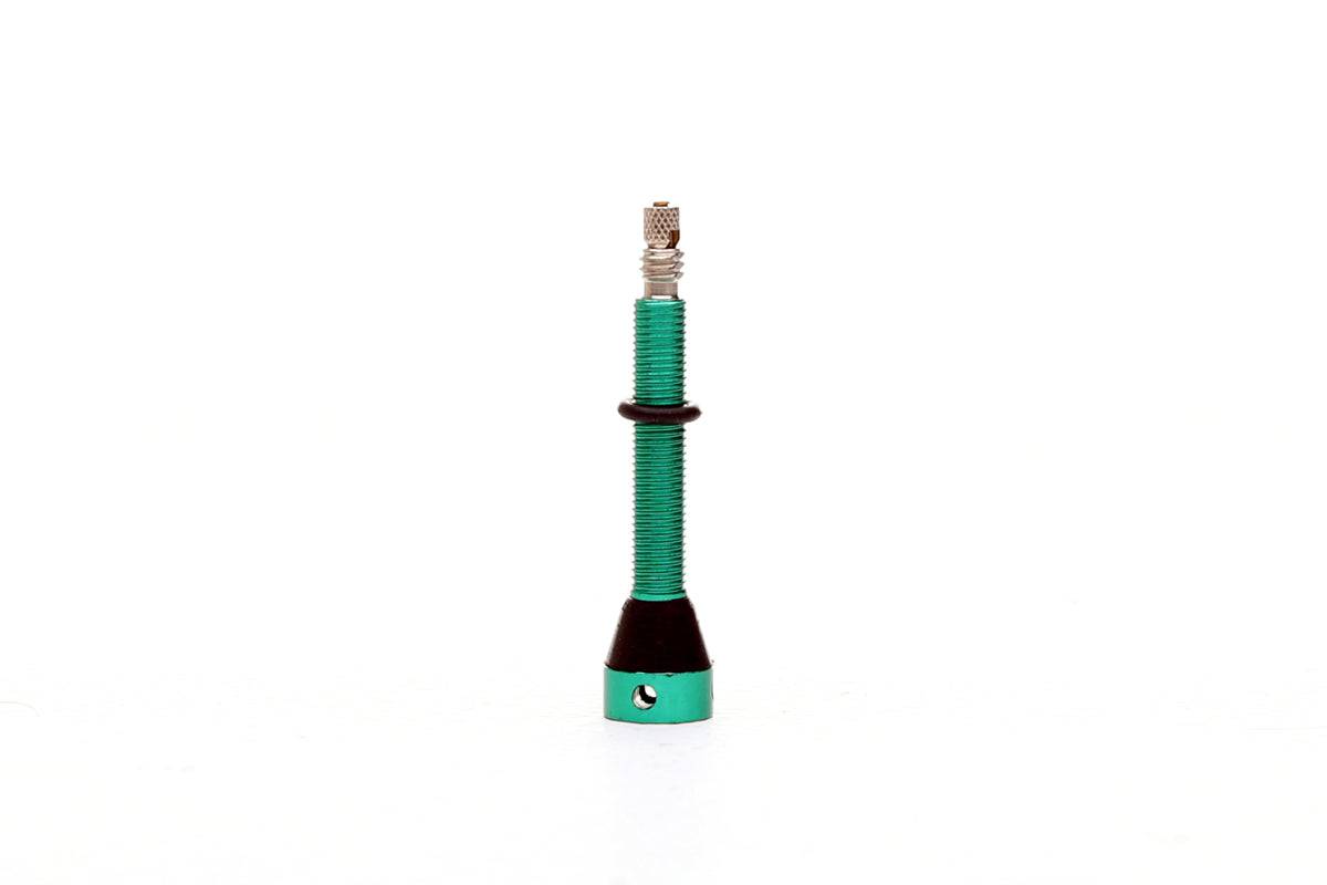 FBI 45mm green tubeless valve for secure, airtight seal on tubeless tires, component for bicycle or vehicle wheel setup.