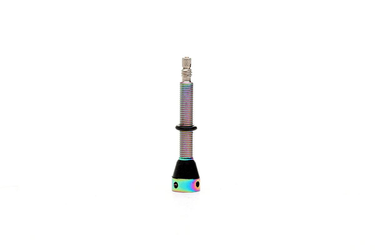 FBI 45mm tubeless valve with oil slick finish, designed for secure airtight seal on tubeless tires in automotive or biking applications.