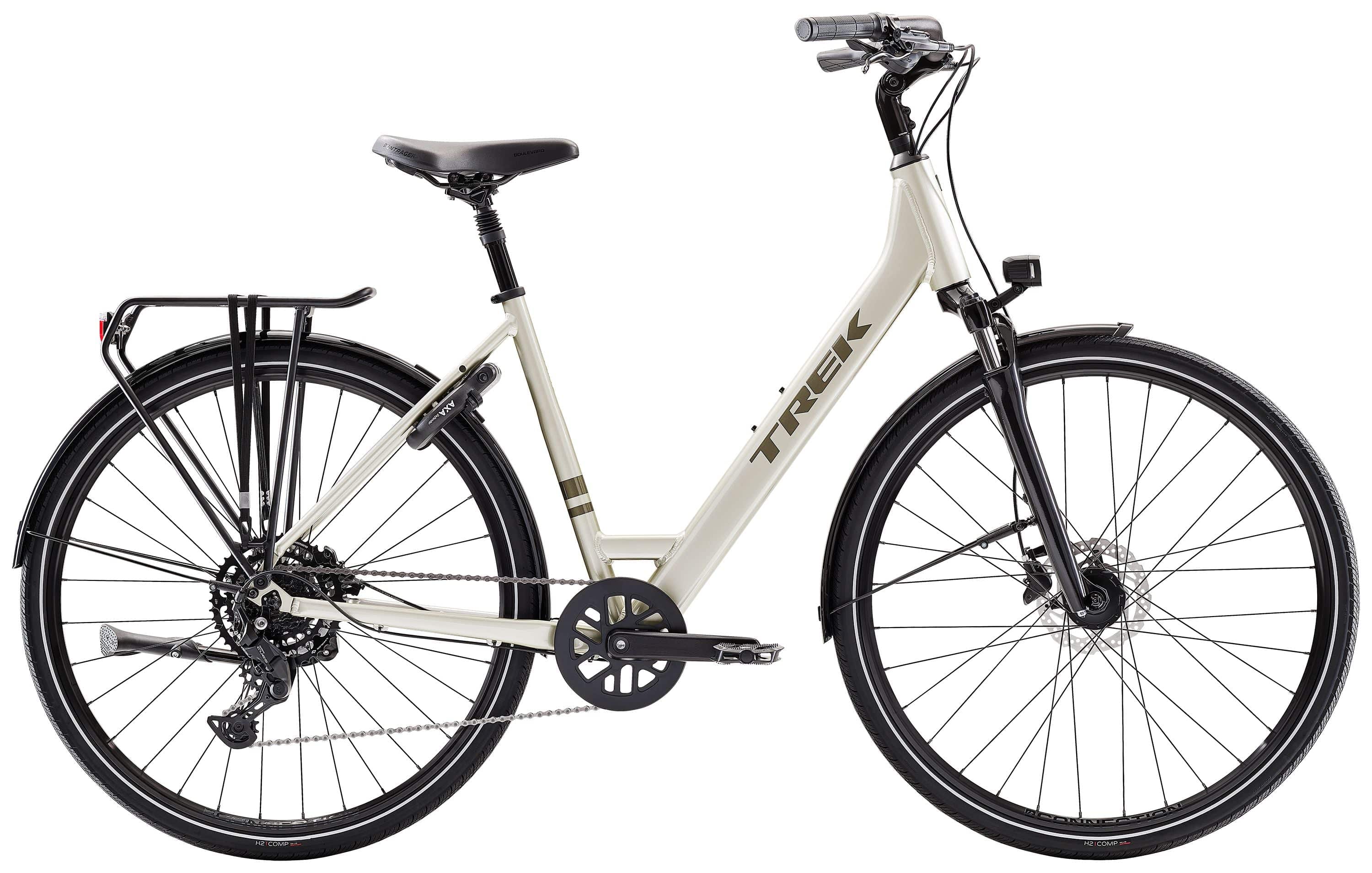 Trek Verve Lowstep hybrid bike with Shimano CUES drivetrain, featuring a step-through frame and 26-inch wheels.