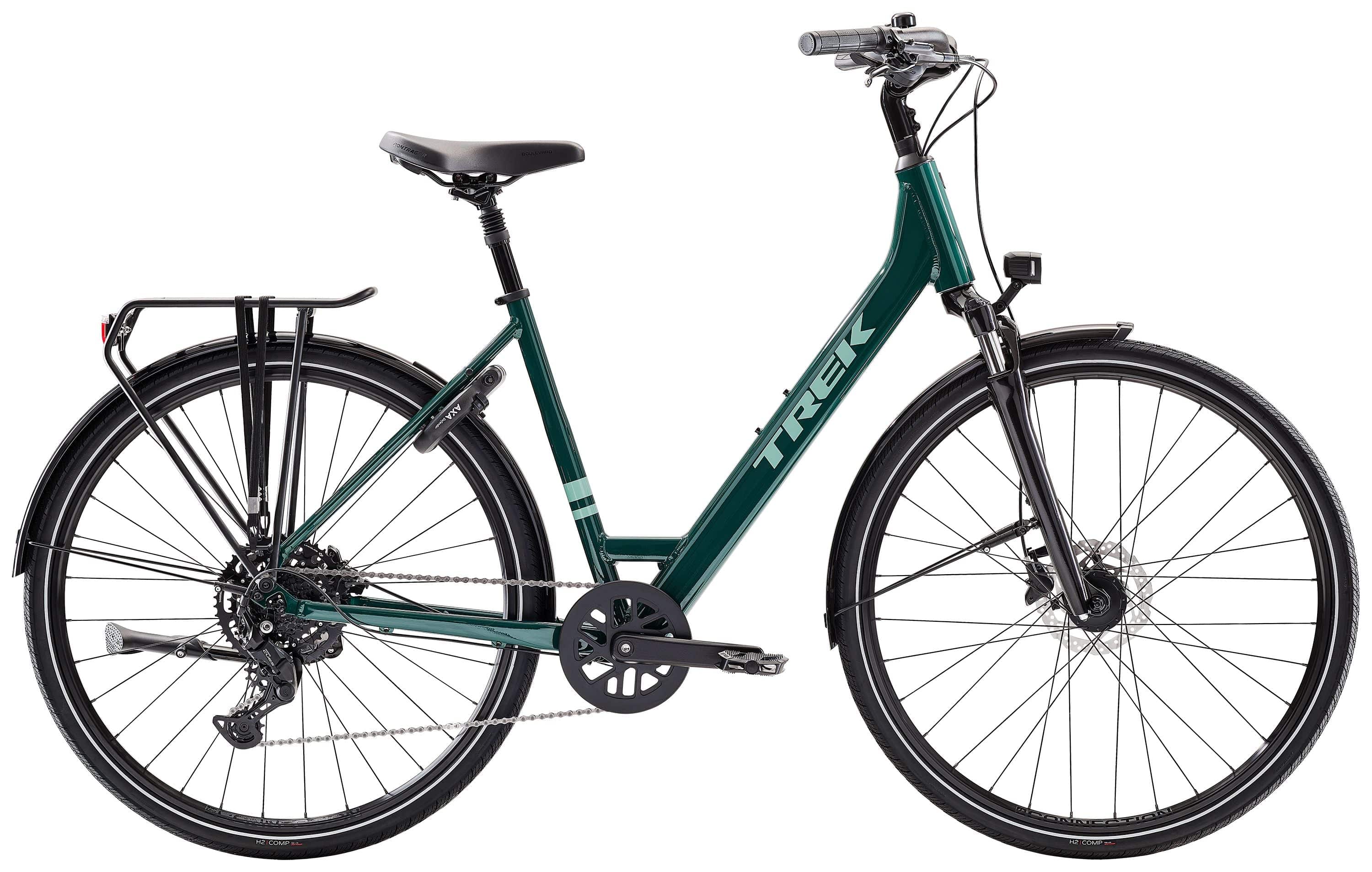 Trek Verve Lowstep hybrid bike with Shimano CUES drivetrain, featuring a comfortable step-through frame and 26-inch wheels.