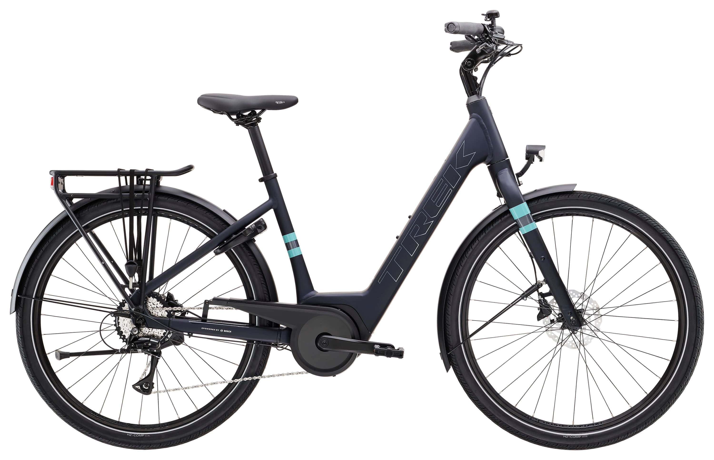 Trek Verve+ 1 Lowstep women's electric hybrid bike with comfortable ride and e-assist, shown in a natural outdoor setting.