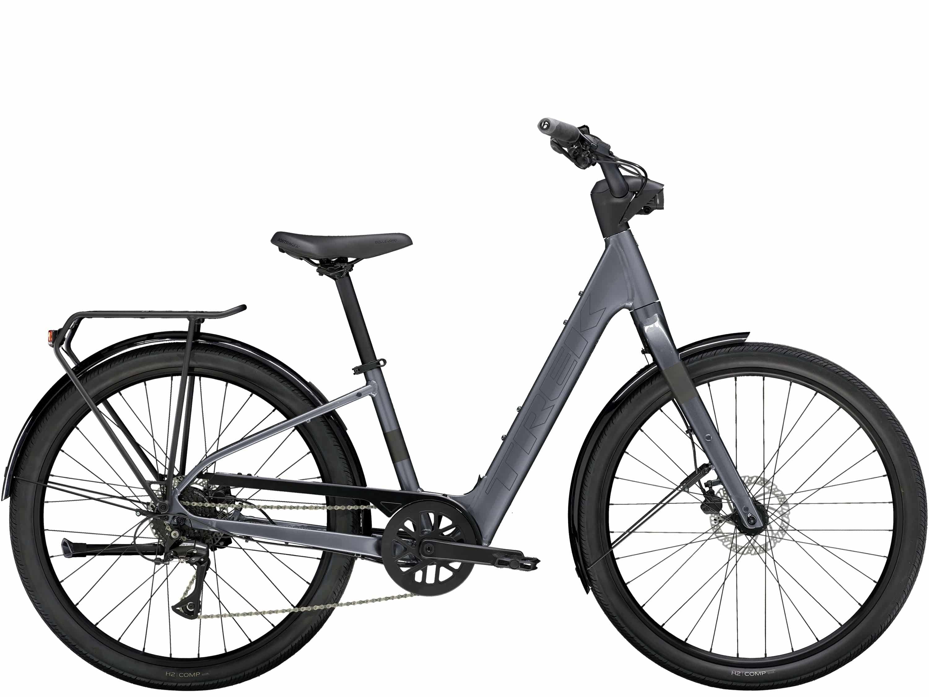 Trek Verve+ 1 Lowstep LT women's electric hybrid bike with step-through frame and display for commuting and light trails.