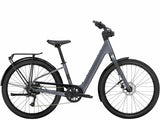 Trek Verve+ 1 Lowstep LT women's electric hybrid bike with step-through frame and display for commuting and light trails.