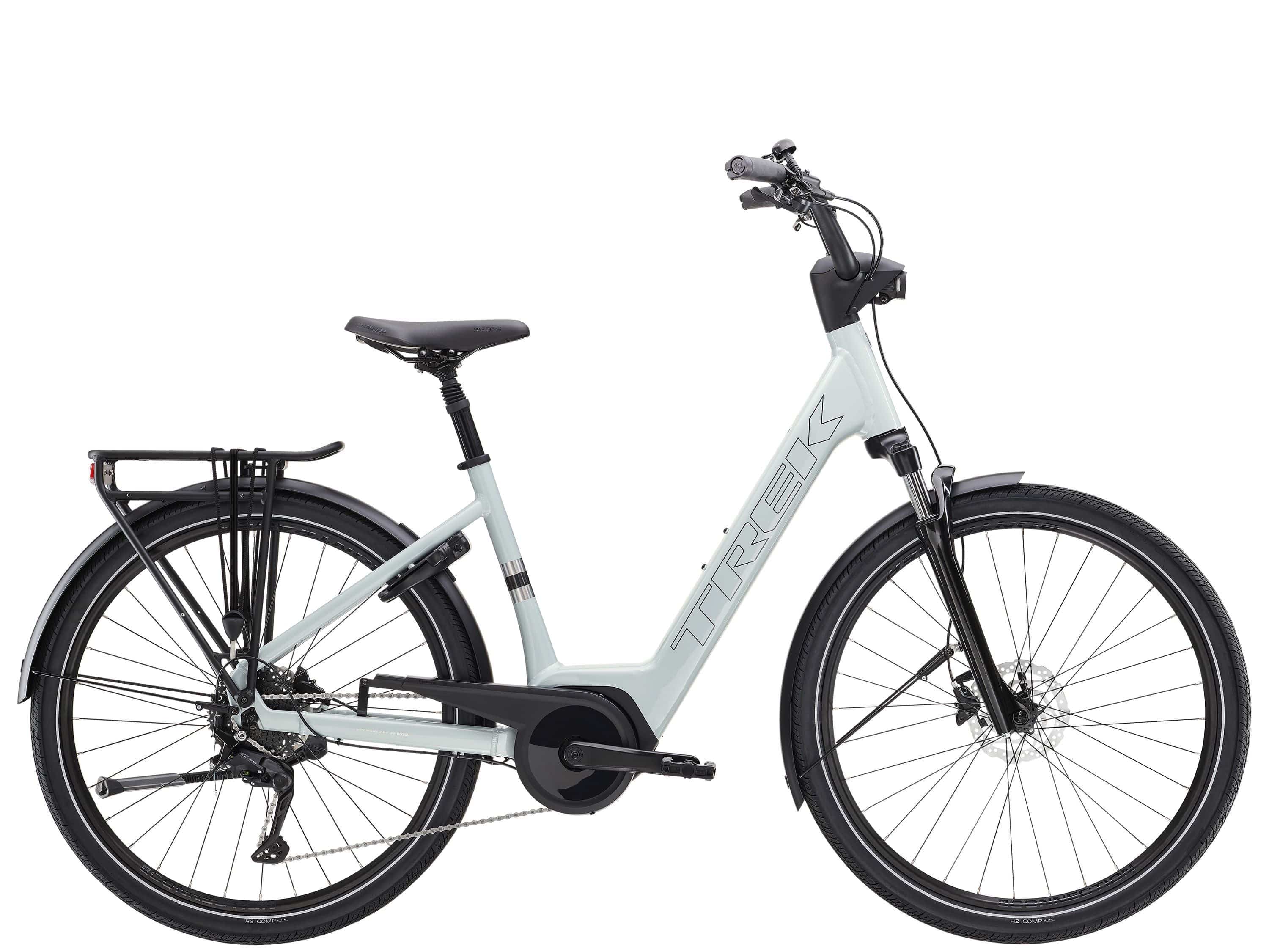 Trek Verve+ 2 Lowstep Gen 3 2025 electric hybrid bike with Bosch Active Line Plus motor and 400Wh battery, view of the bike frame.