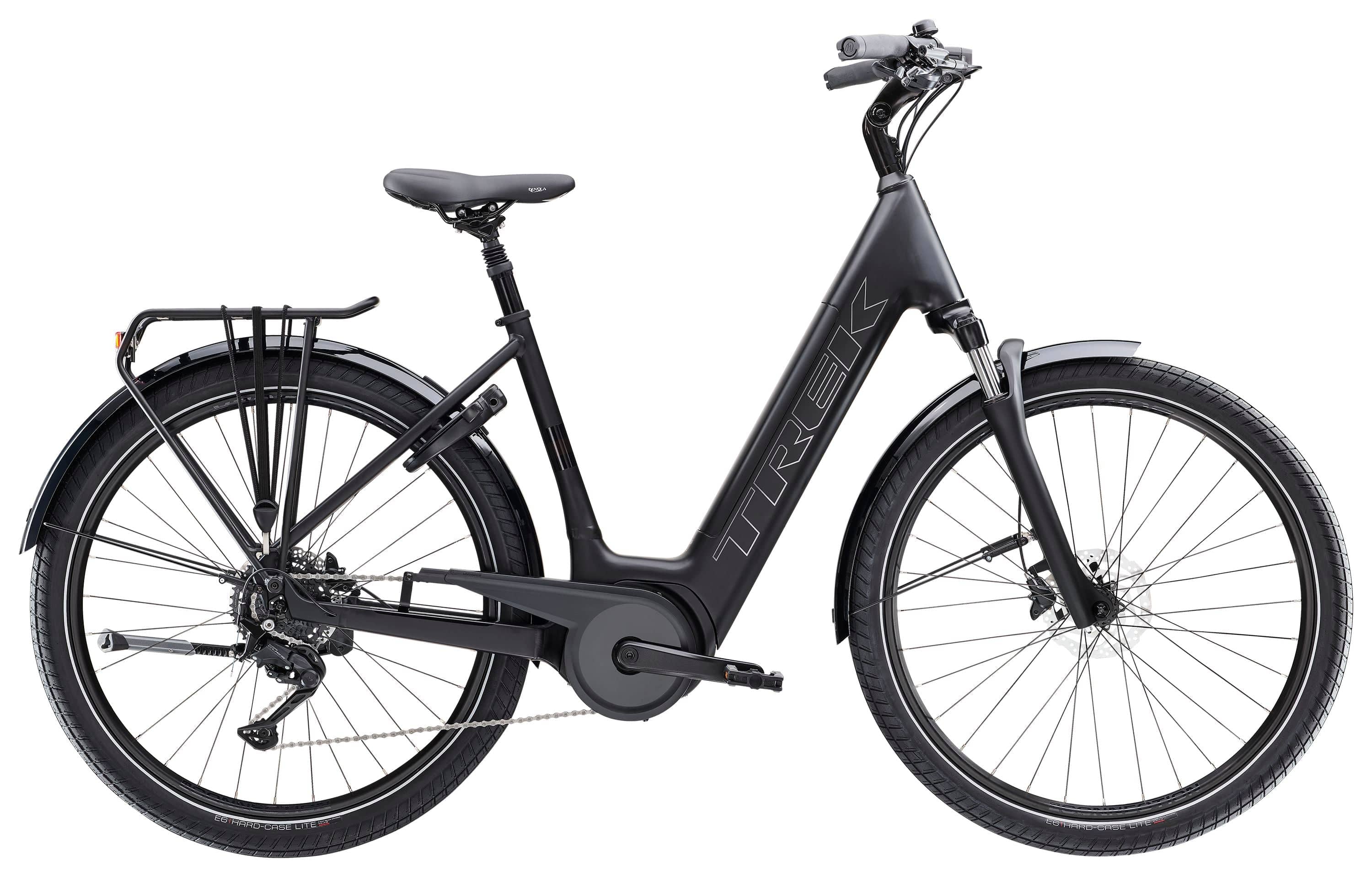 Trek Verve+ 3 Lowstep electric hybrid bike for urban commuting, featuring a comfortable step-through frame and pedal assist.