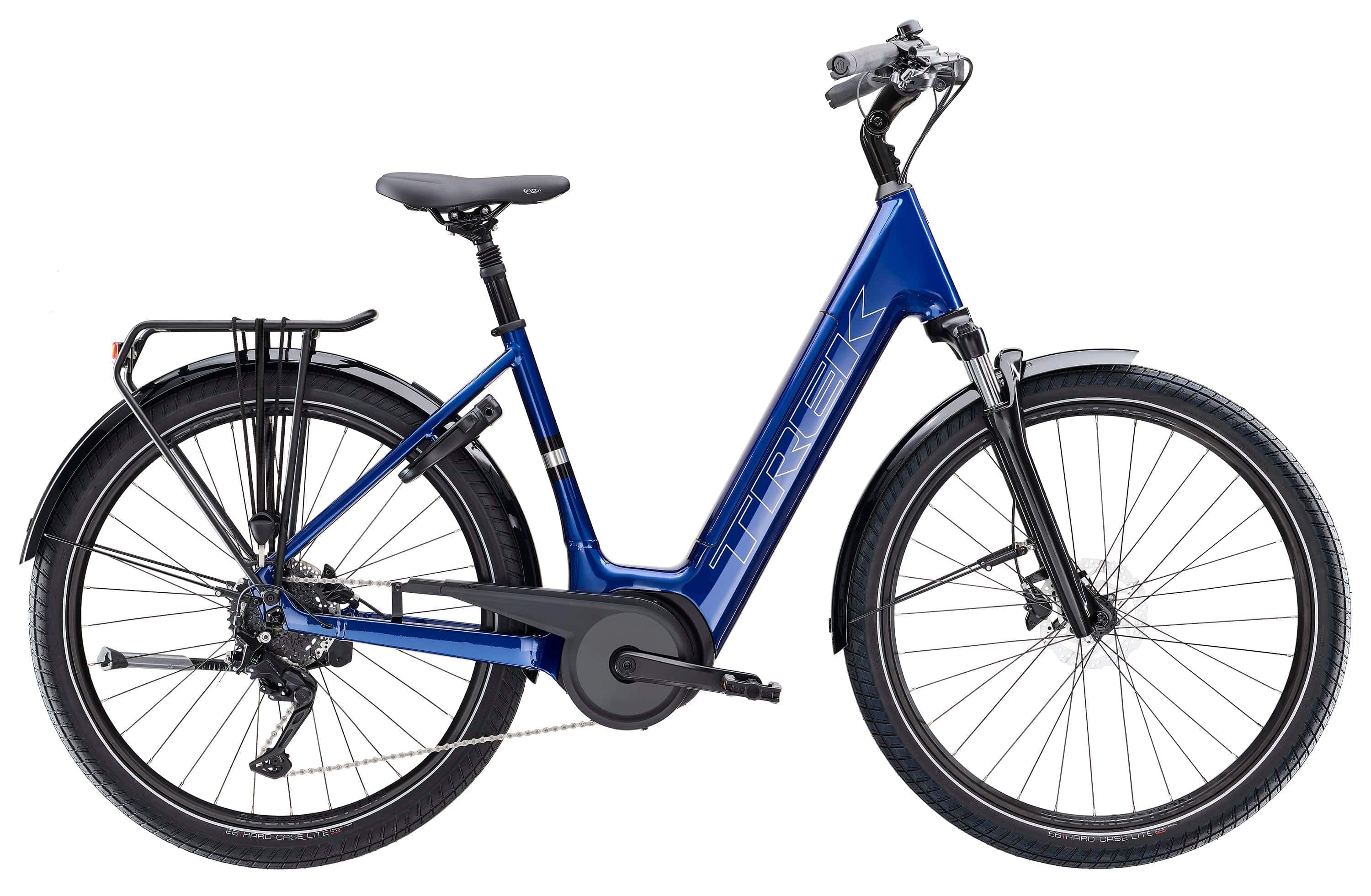 Trek Verve+ 3 Lowstep electric hybrid bike with step-through frame, comfortable urban design, and pedal assist for easy commuting.