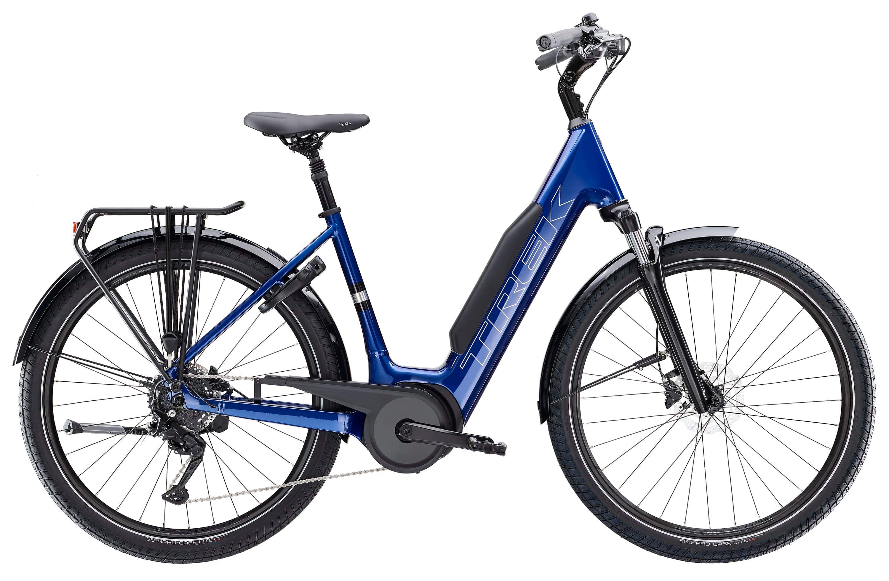 Trek Verve+ 3 Lowstep electric hybrid bike with 800Wh battery, upright frame, and pedal assist for comfortable urban commuting.
