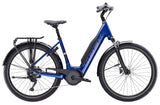 Trek Verve+ 3 Lowstep electric hybrid bike with 800Wh battery, upright frame, and pedal assist for comfortable urban commuting.
