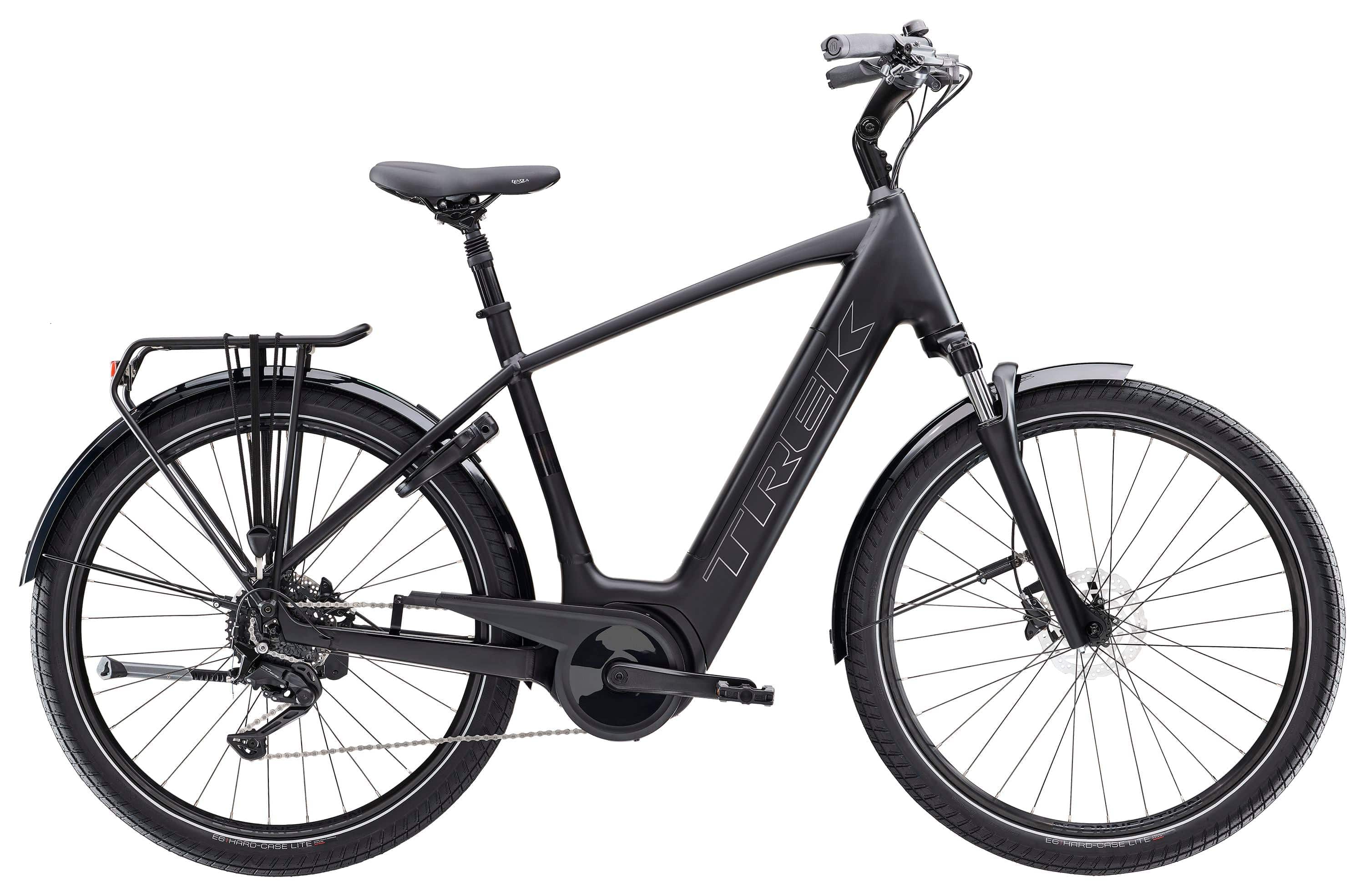 Trek Verve+ 3 electric hybrid bike for men with Bosch pedal-assist and smart connectivity, shown in a side view.